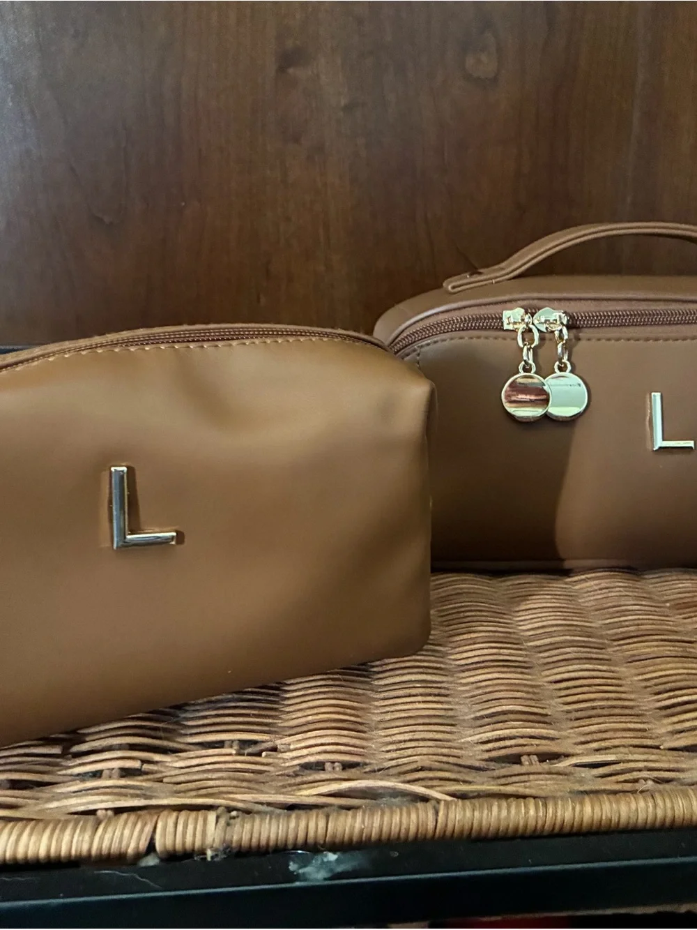 Cloudwings Tan Leatherette Cosmetic Pouch bags with Metallic 'L' Accent